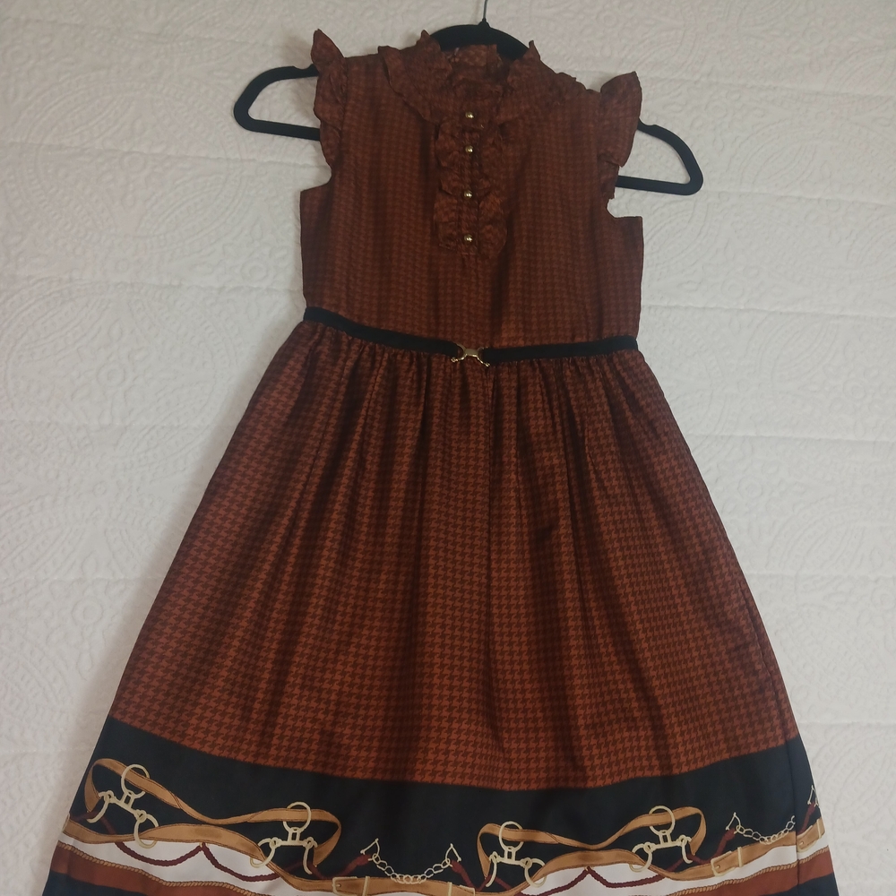 Janie and Jack Rust Brown Houndstooth Ruffle Neck Dress with Black Trim